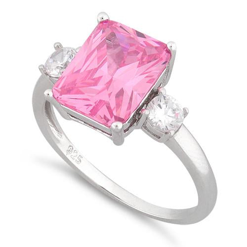 Sterling Silver Triple Rectangular Pink CZ Ring