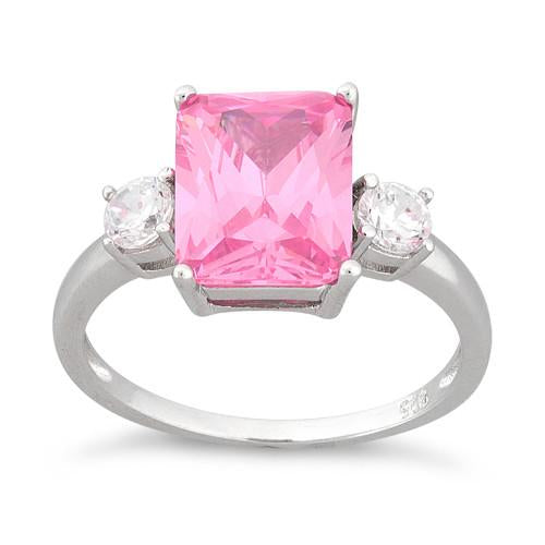 Sterling Silver Triple Rectangular Pink CZ Ring