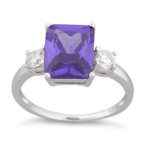 Sterling Silver Triple Rectangular Purple CZ Ring