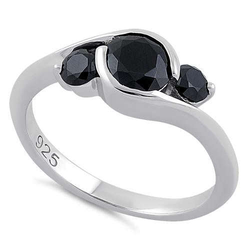 Sterling Silver Triple Round Cut Black CZ Ring