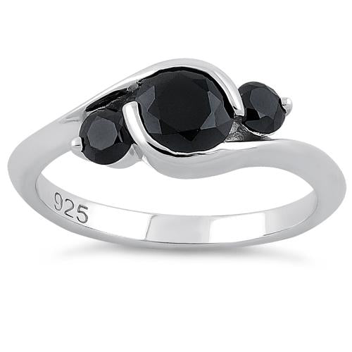 Sterling Silver Triple Round Cut Black CZ Ring