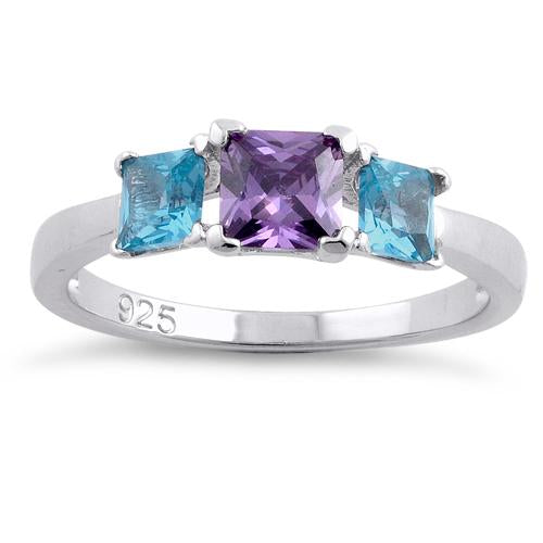 Sterling Silver Triple Square Amethyst & Blue Topaz CZ Ring