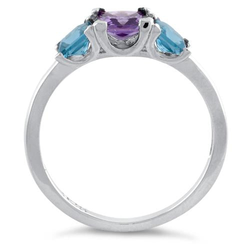 Sterling Silver Triple Square Amethyst & Blue Topaz CZ Ring