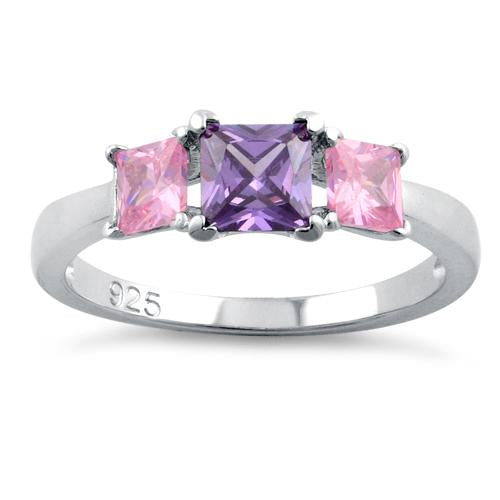 Sterling Silver Triple Square Amethyst & Pink CZ Ring