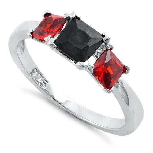 Sterling Silver Triple Square Black & Garnet CZ Ring