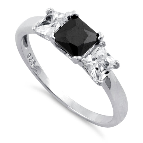 Sterling Silver Triple Square Center Black CZ Ring