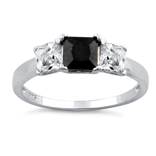 Sterling Silver Triple Square Center Black CZ Ring