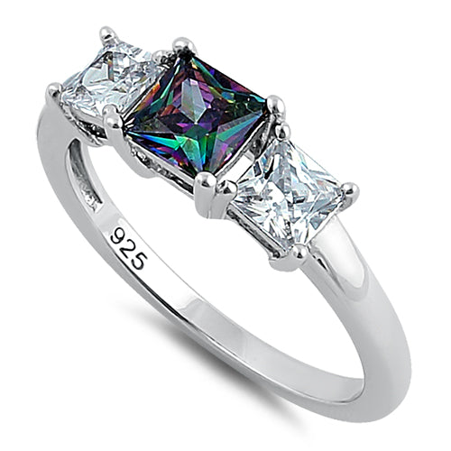 Sterling Silver Triple Square Center Rainbow Topaz CZ Ring