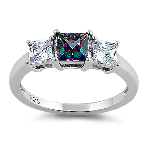 Sterling Silver Triple Square Center Rainbow Topaz CZ Ring