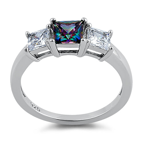 Sterling Silver Triple Square Center Rainbow Topaz CZ Ring