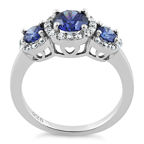 Sterling Silver Triple Tanzanite Round CZ Ring