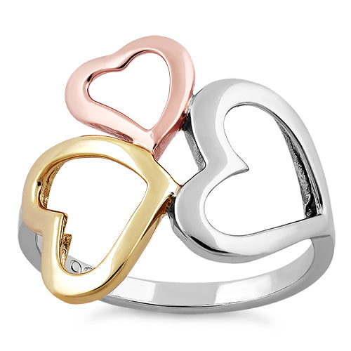 Sterling Silver Triple Three Tone Heart Ring