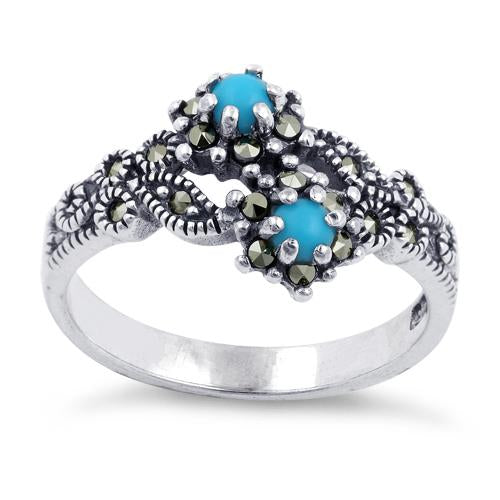 Sterling Silver Simulated Turquoise Double Flower Marcasite Ring