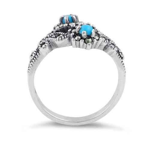 Sterling Silver Simulated Turquoise Double Flower Marcasite Ring