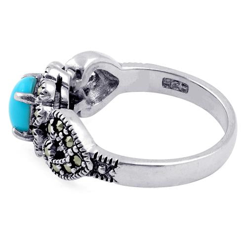 Sterling Silver Oval Simulated Turquoise Flower Hearts Marcasite Ring