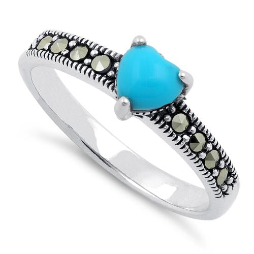 Sterling Silver Simulated Turquoise Heart Marcasite Ring