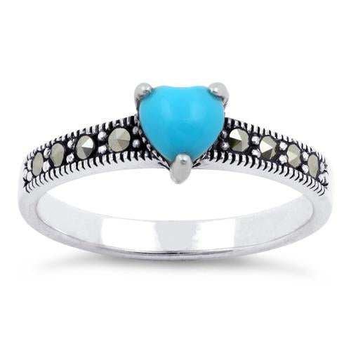 Sterling Silver Simulated Turquoise Heart Marcasite Ring