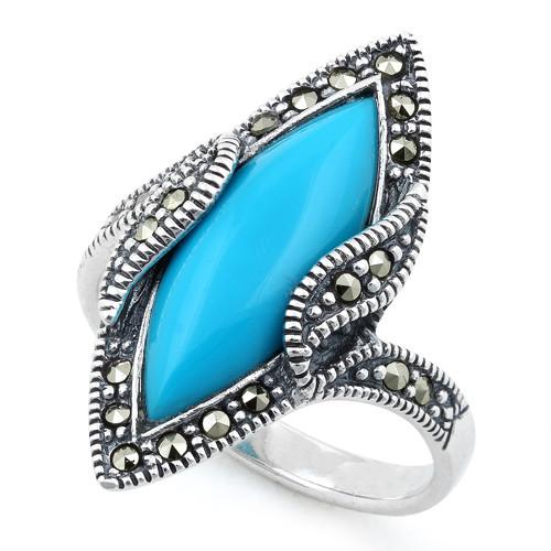 Sterling Silver Simulated Turquoise Marquise Marcasite Ring