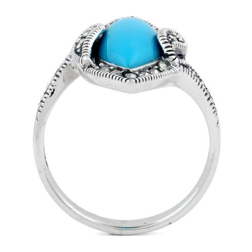 Sterling Silver Simulated Turquoise Marquise Marcasite Ring
