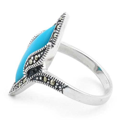 Sterling Silver Simulated Turquoise Marquise Marcasite Ring