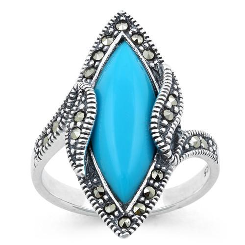 Sterling Silver Simulated Turquoise Marquise Marcasite Ring