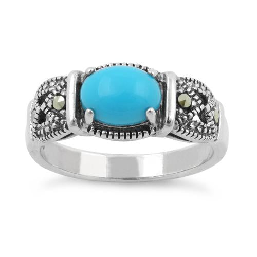 Sterling Silver Simulated Turquoise Oval Marcasite Ring
