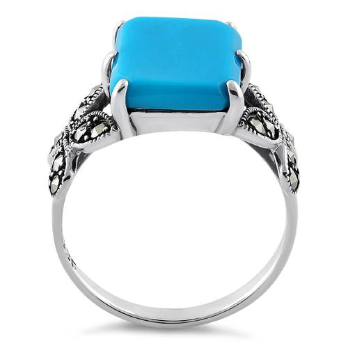 Sterling Silver Simulated Turquoise Square Butterfly Marcasite Ring