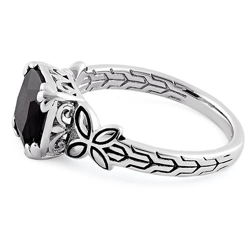 Sterling Silver Twin Butterfly Cushion Cut Black CZ Ring