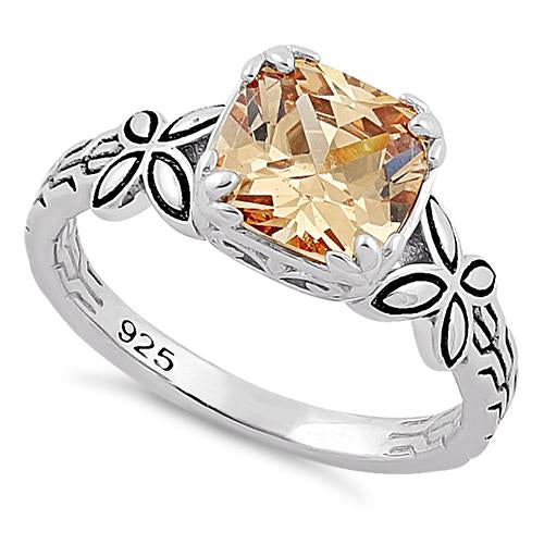 Sterling Silver Twin Butterfly Cushion Cut Champagne CZ Ring