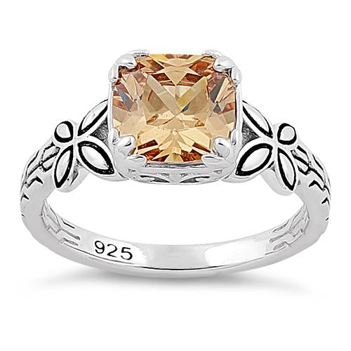 Sterling Silver Twin Butterfly Cushion Cut Champagne CZ Ring