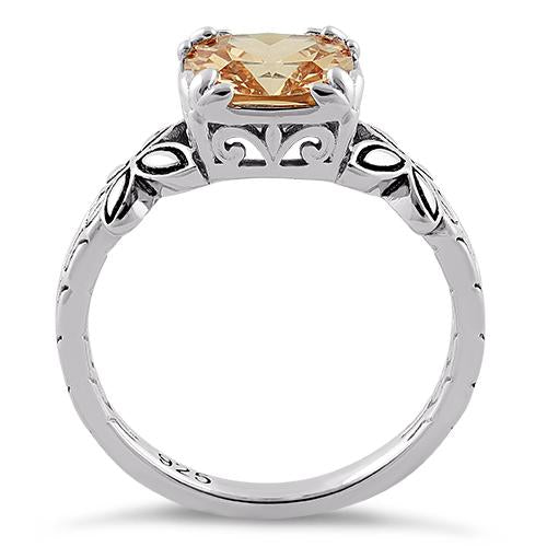 Sterling Silver Twin Butterfly Cushion Cut Champagne CZ Ring