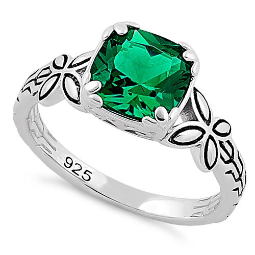 Sterling Silver Twin Butterfly Cushion Cut Green CZ Ring