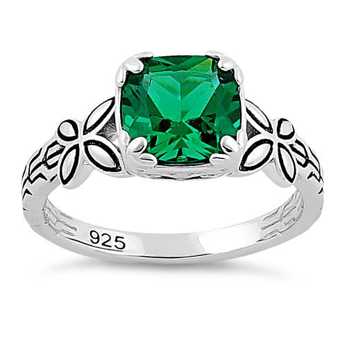 Sterling Silver Twin Butterfly Cushion Cut Green CZ Ring