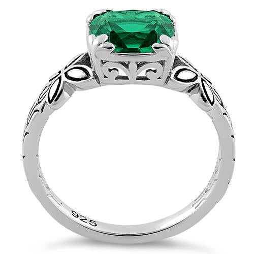 Sterling Silver Twin Butterfly Cushion Cut Green CZ Ring
