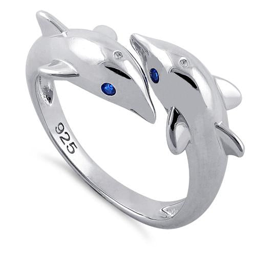 Sterling Silver Twin Dolphin Blue CZ Ring