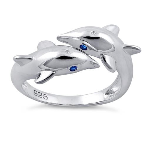 Sterling Silver Twin Dolphin Blue CZ Ring
