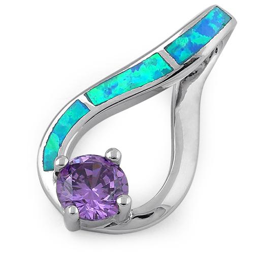 Sterling Silver Twist Blue Lab Opal & Amethyst Round Cut CZ Pendant