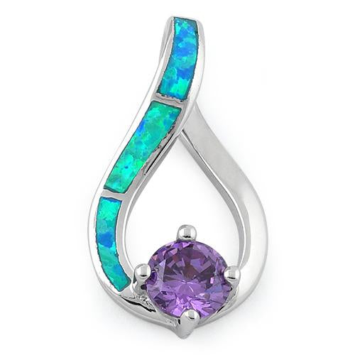 Sterling Silver Twist Blue Lab Opal & Amethyst Round Cut CZ Pendant