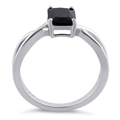 Sterling Silver Twist Emerald Cut Black CZ Ring