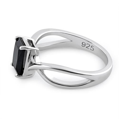 Sterling Silver Twist Emerald Cut Black CZ Ring