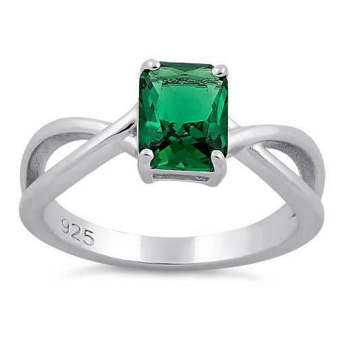 Sterling Silver Twist Emerald Cut Emerald CZ Ring