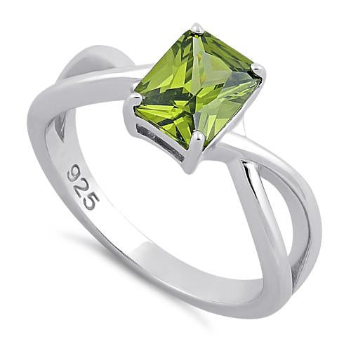 Sterling Silver Twist Emerald Cut Peridot CZ Ring