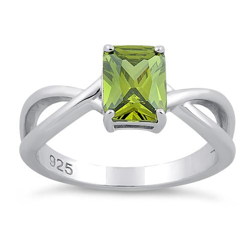 Sterling Silver Twist Emerald Cut Peridot CZ Ring