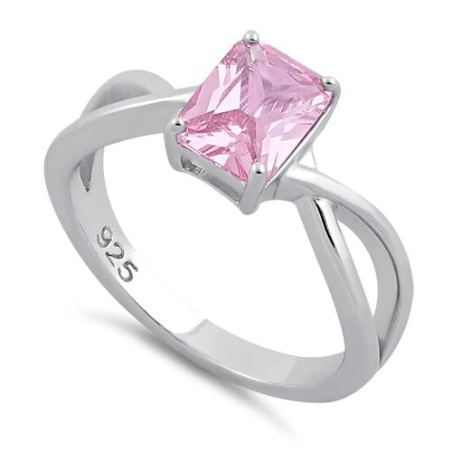 Sterling Silver Twist Emerald Cut Pink CZ Ring