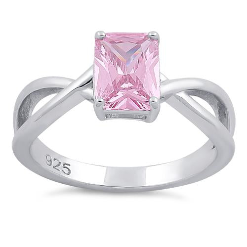 Sterling Silver Twist Emerald Cut Pink CZ Ring