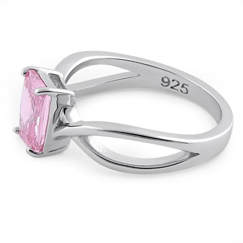 Sterling Silver Twist Emerald Cut Pink CZ Ring