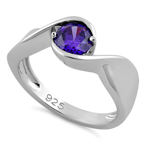 Sterling Silver Twisted Round Amethyst CZ Ring