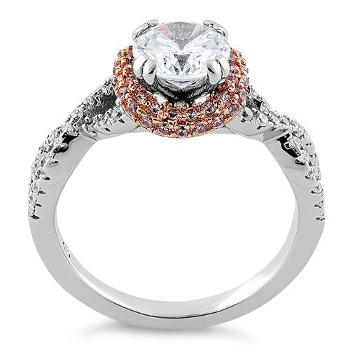 Sterling Silver Twisted Two Tone Rose Gold Plated Clear CZ Ring