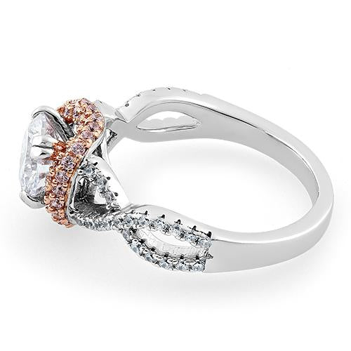 Sterling Silver Twisted Two Tone Rose Gold Plated Clear CZ Ring