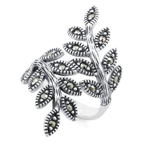 Sterling Silver Two Leaf Marcasite Ring